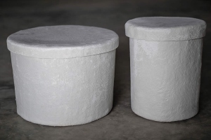 Round Fiberglass Urn Vaults are available in two sizes. Shown here are the small vault: 11.5" OD x 14.5" deep, and the large vault: : 17.5" OD x 12.5" deep.